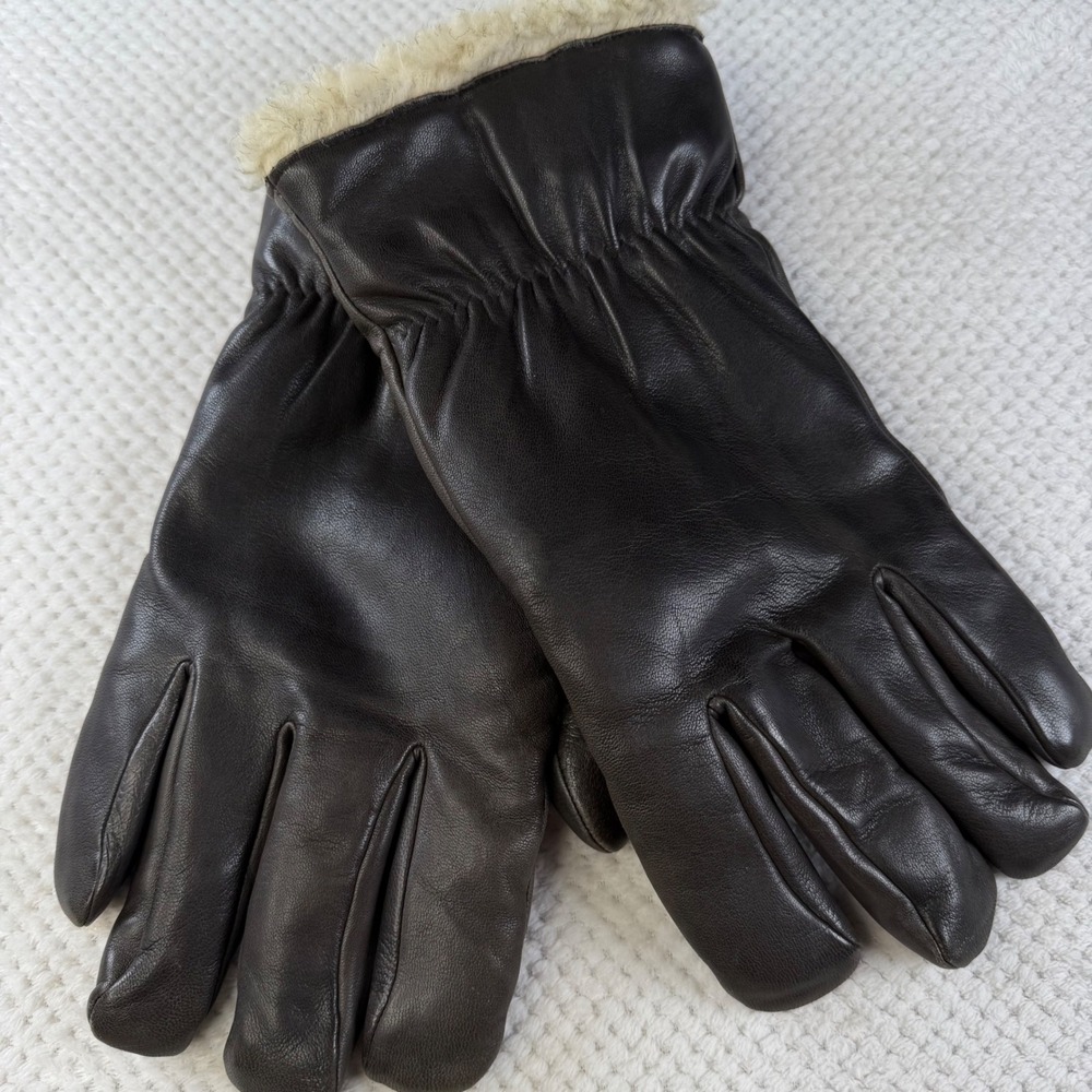 Vintage Isotoner Mens Aris 115 Brown Genuine Leather Gloves Faux Fur Trim XL